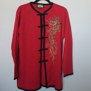 Bob Mackie VTG Wearable Embroidered Art Dragon Vibrant Red Cardigan Sweater Med